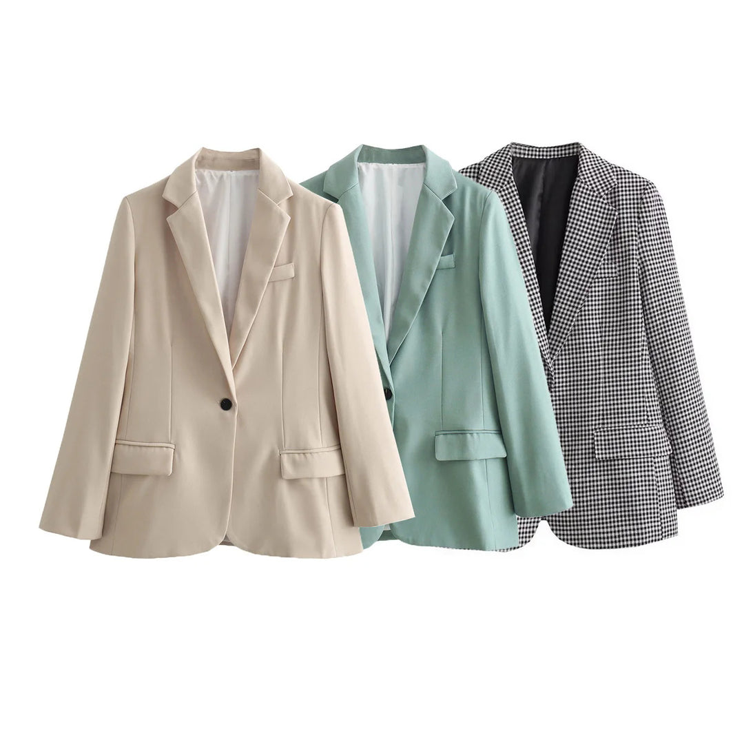 Damen nan taillierter Hahnentritt-Blazer mit Reverskragen, Eingrifftaschen und Ein-Knopf-Verschluss Drune