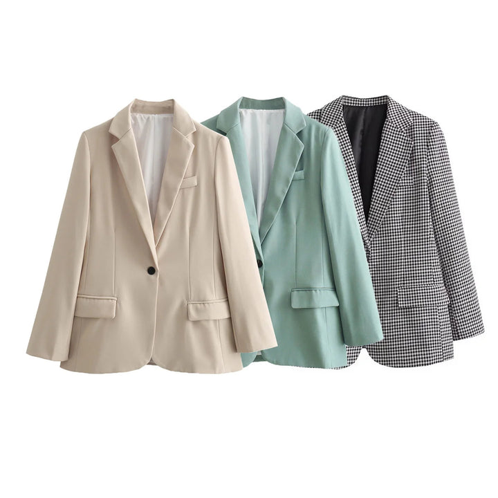 Damen nan taillierter Hahnentritt-Blazer mit Reverskragen, Eingrifftaschen und Ein-Knopf-Verschluss Drune