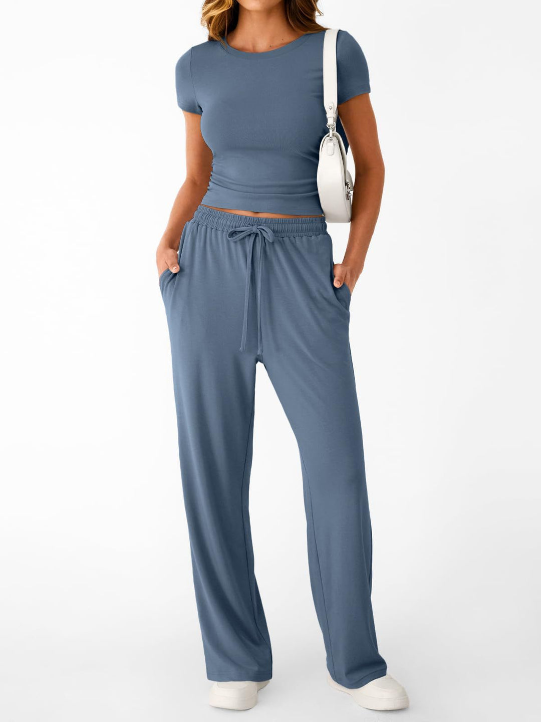 Damen lässiger Freizeitanzug mit kurzen Ärmel und weiten Hosen Drune