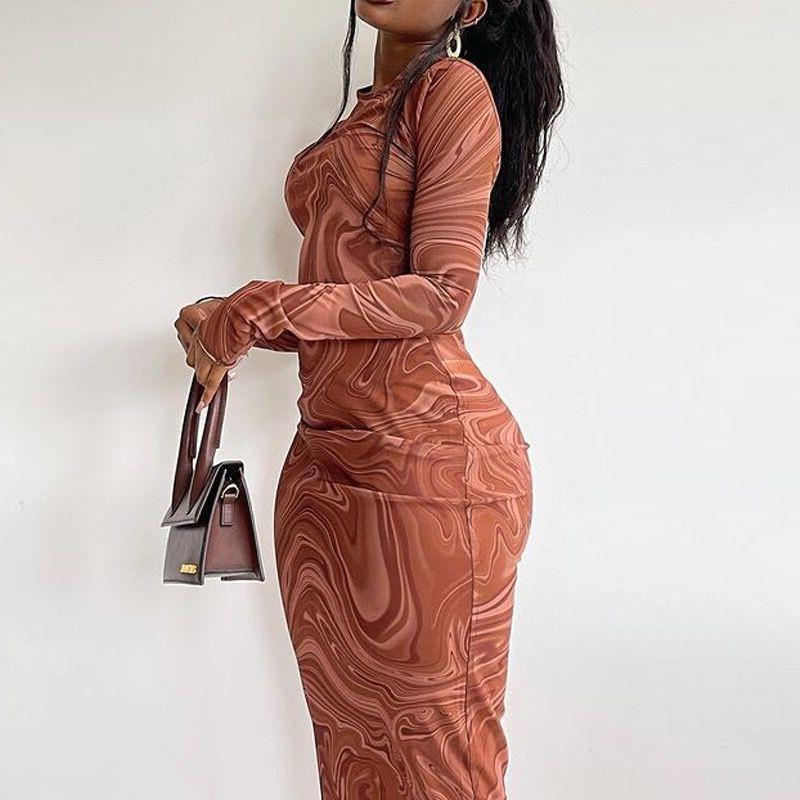 Damen Elegantes Langarmkleid mit modernem Marmormuster und Figurbetontem Schnitt Drune