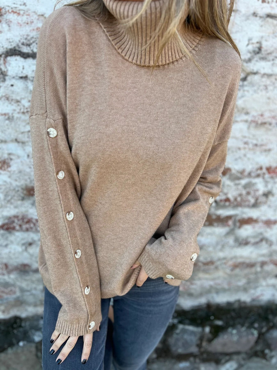 Damen hochschuliger Strickpullover mit Knopfdetails Drune