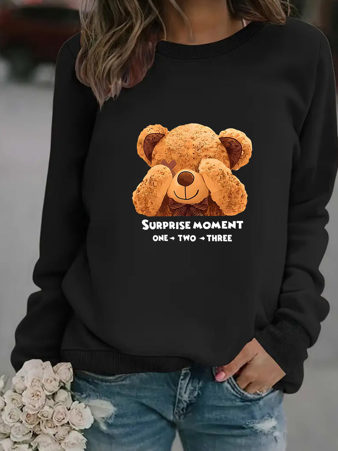 Damen Sweatshirt mit niedlichem Bärenmotiv und modernem Schriftzug Drune