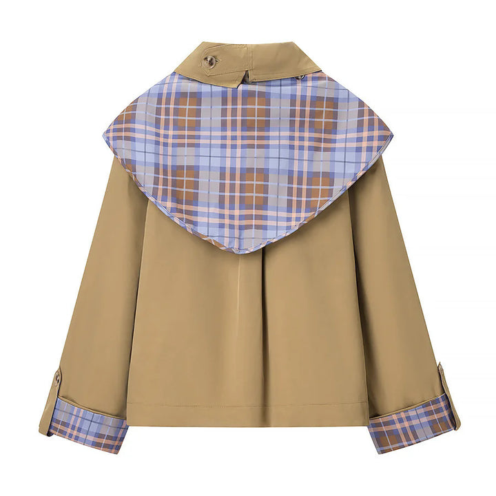 Damen nan kastige Regenblousonjacke mit abnehmbarem Karotuch als Kragendetail und bestickter aufgesetzter Tasche Drune