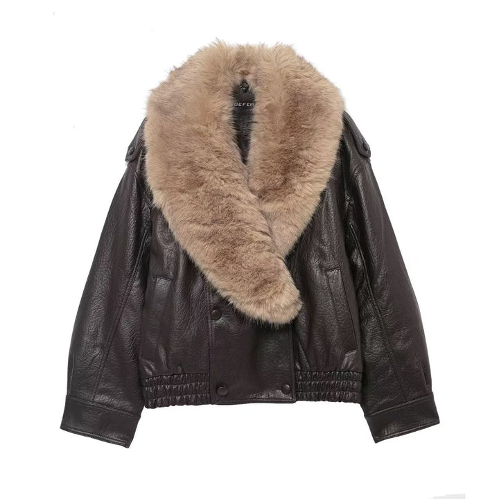 Damen nan kurze Lederjacke mit voluminösem Fellkragen, elastischem Bund und aufgesetzten Eingrifftaschen Drune