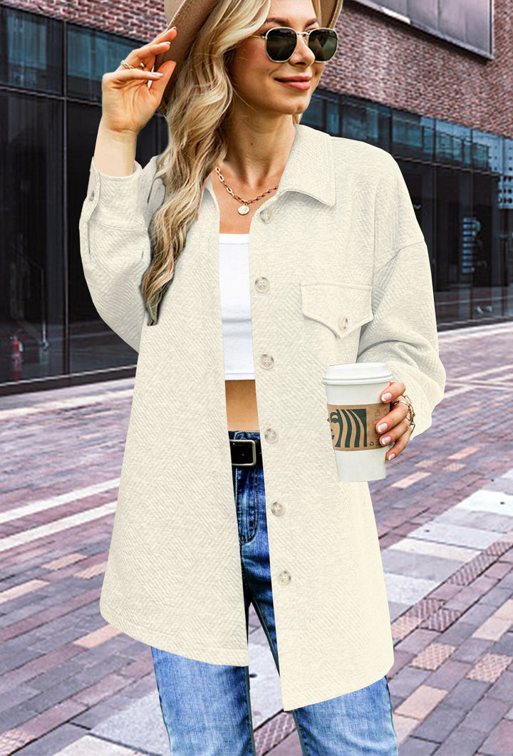 Damen Longline Oversize Hemdjacke mit aufgesetzten Pattentaschen und Strukturstoff Drune