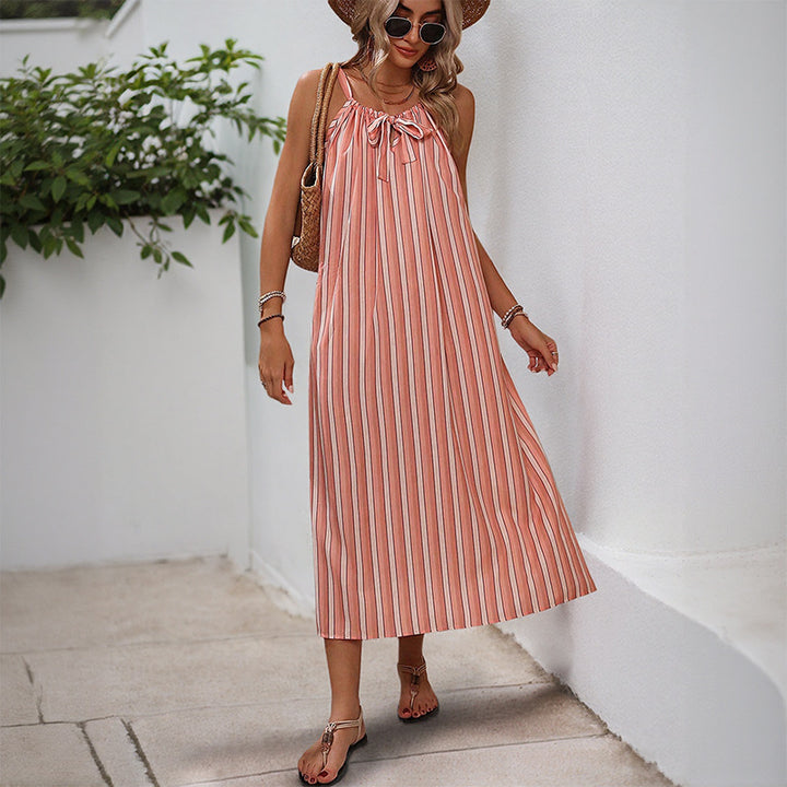 Damen Maxikleid mit zartem Bindegürtel und eleganten Streifen Drune