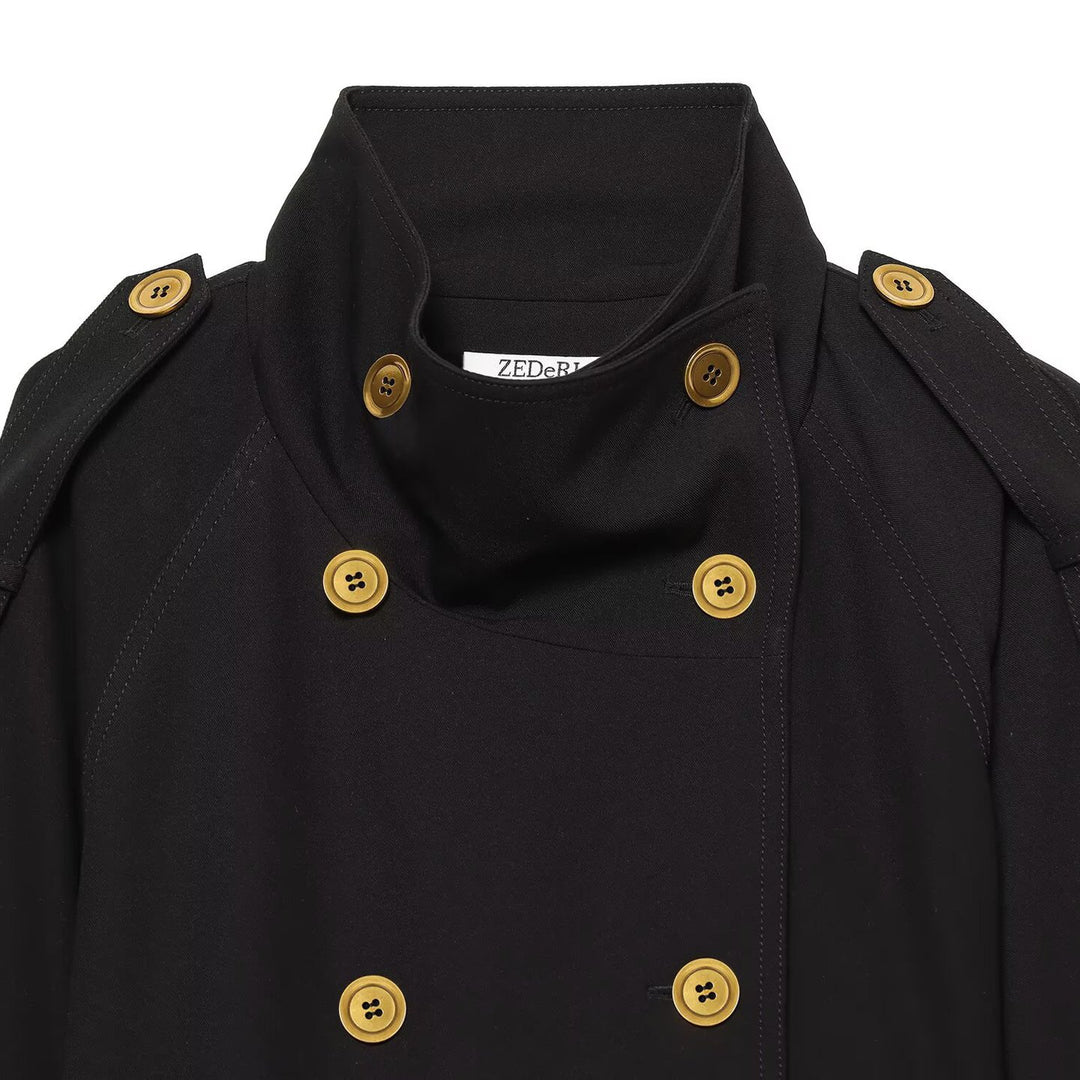 Damen Kurze Trenchjacke mit doppelreihiger Knopfleiste und Taillengürtel Drune