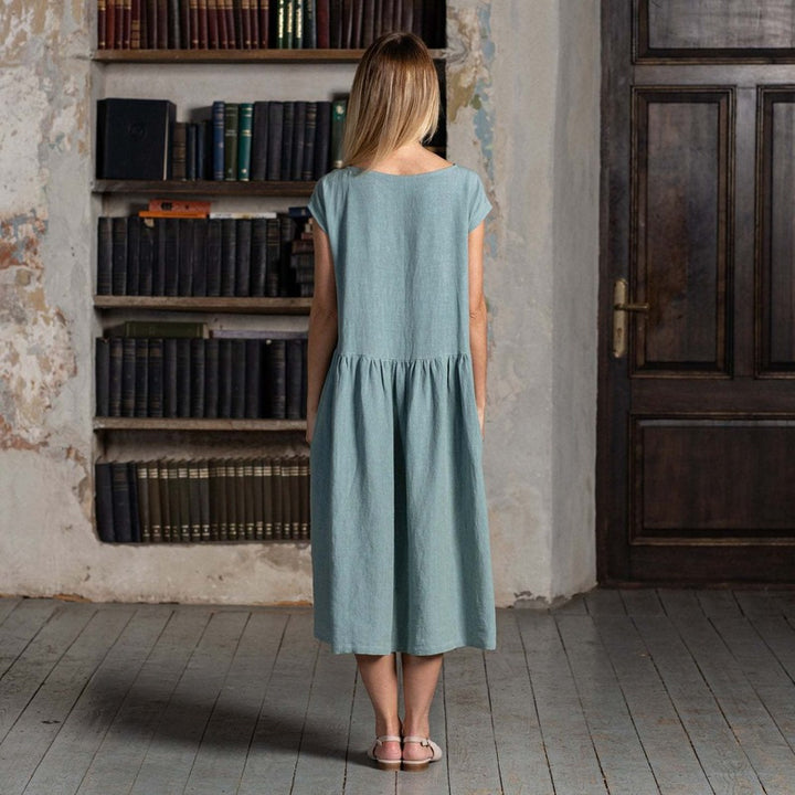 Damen luftiges Leinen-Midikleid mit tailliertem Schnitt und voluminösem Saum Drune