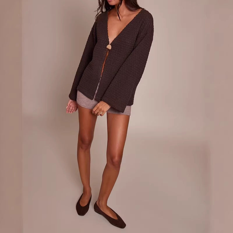Damen Strukturierter Waffelstrick-Cardigan mit tiefem V‑Ausschnitt, Ein-Knopf-Verschluss und lässigen Oversize-Ärmeln Drune