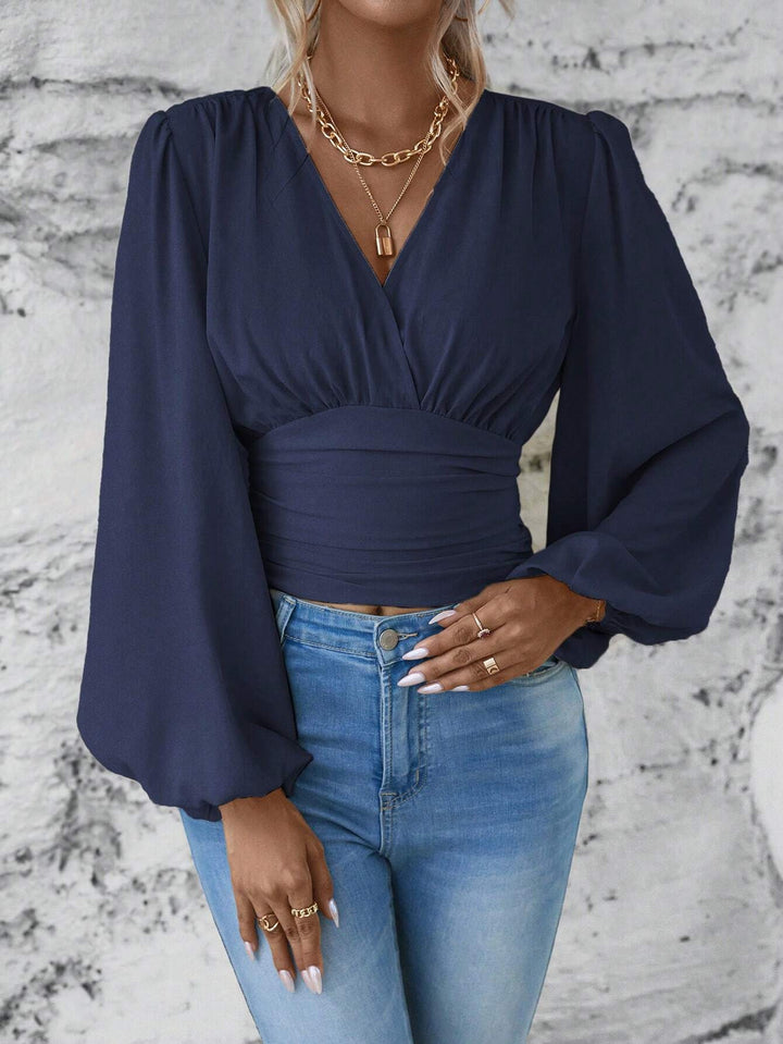 Damen Wickel-Cropped-Top mit geraffter Taillenpartie und weiten Ballonärmeln Drune