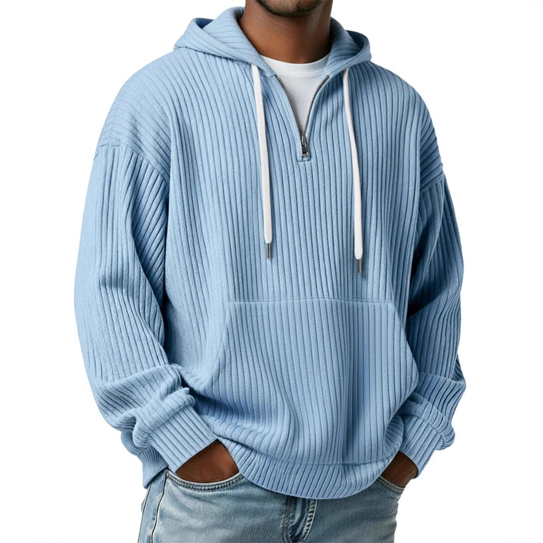 Herren gerippter Halfzip-Hoodie mit Kapuze, Kängurutasche und oversized Casual-Schnitt Drune