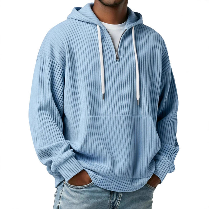 Herren gerippter Halfzip-Hoodie mit Kapuze, Kängurutasche und oversized Casual-Schnitt Drune