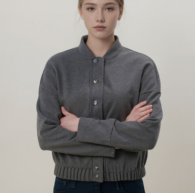 Damen nan kuschelige Fleece-Bomberjacke mit Stehkragen Rippbund und Druckknopfleiste Drune