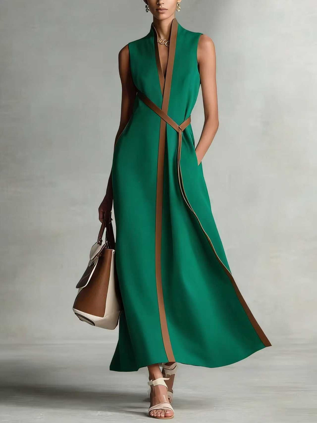 Damen elegantes Maxikleid mit Taillenschnitt und schmalem Gürtel Drune