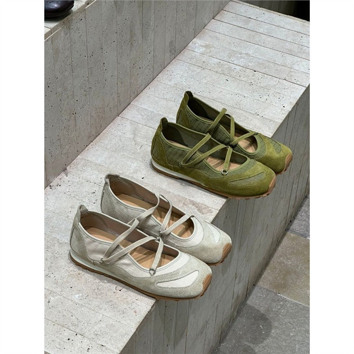 Damen Ballerina-Slipper mit Kreuzriemchen, Wildleder- und Krokostruktur Drune