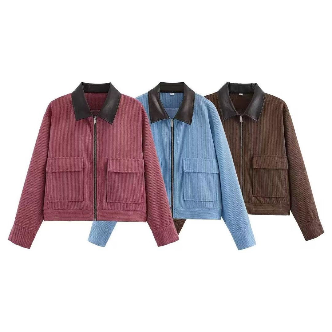 Damen Kurze Cordjacke im Blousonstil mit Lederkragen und aufgesetzten Klappentaschen Drune