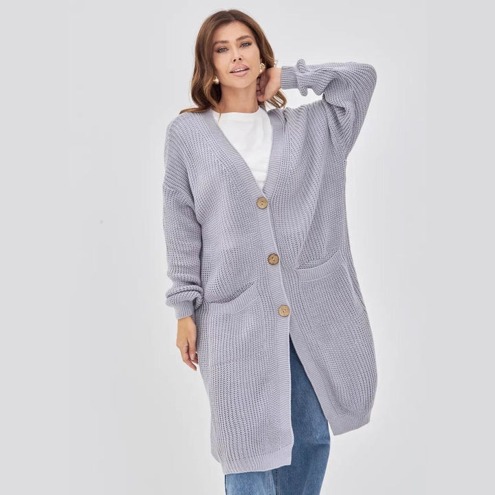 Damen Grobstrick-Cardigan mit schlichten Holzknöpfen und praktischen Taschen Drune
