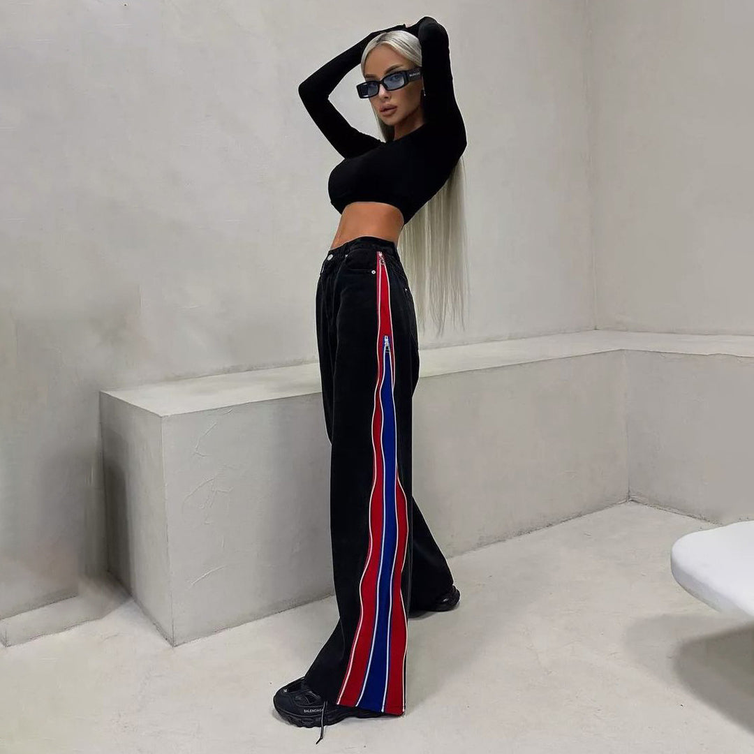 Damen Sportliches Crop-Top mit langen Ärmeln und farbigen Seitenstreifen Drune