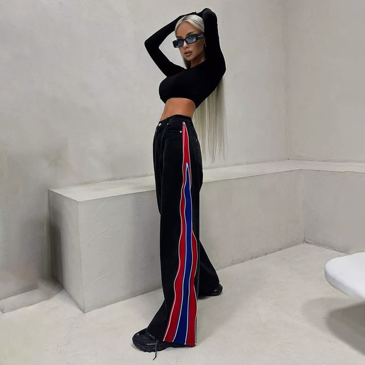 Damen Sportliches Crop-Top mit langen Ärmeln und farbigen Seitenstreifen Drune