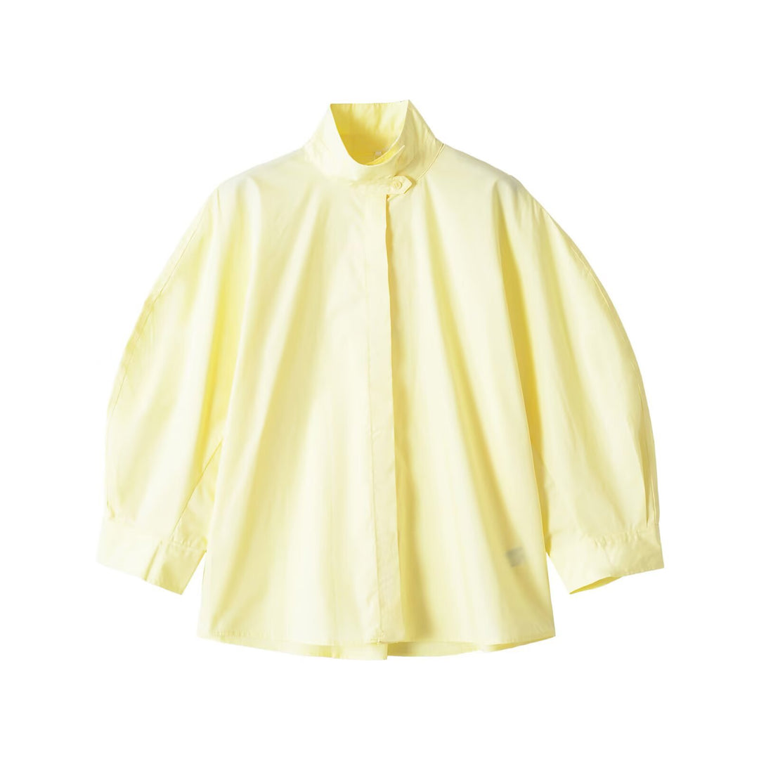 Damen Oversize Bluse mit Stehkragen und verdeckter Knopfleiste Drune
