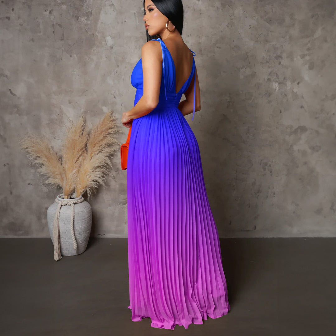 Damen Maxikleid mit tiefem V-Ausschnitt und elegantem Falten-Design Drune