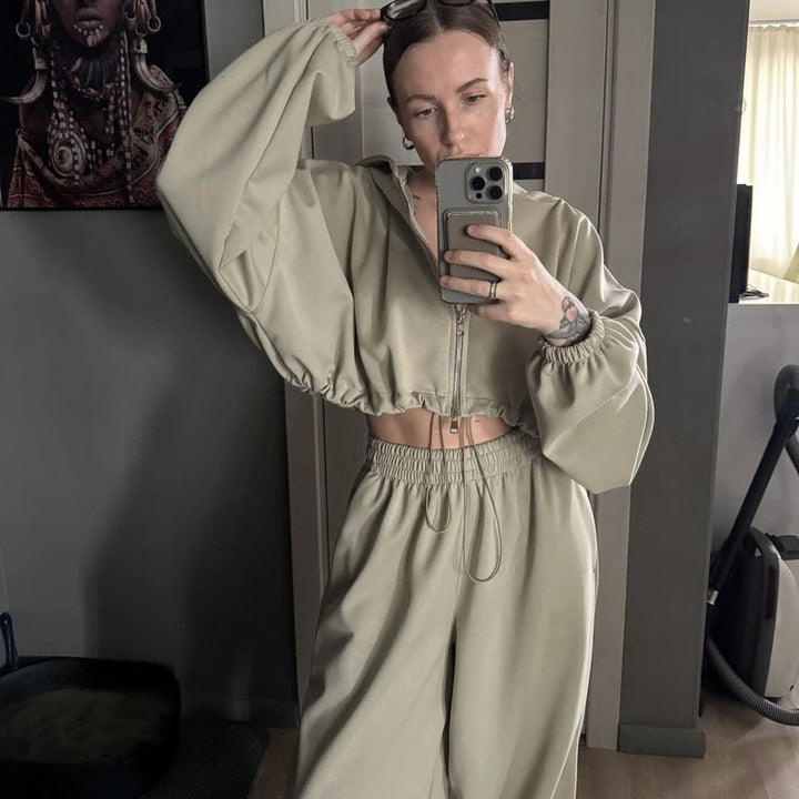 Damen Loungewear-Set Drune mit tailliertem Kordelzug-Cropped-Hoodie und weiter High‑Waist Palazzo-Jogginghose