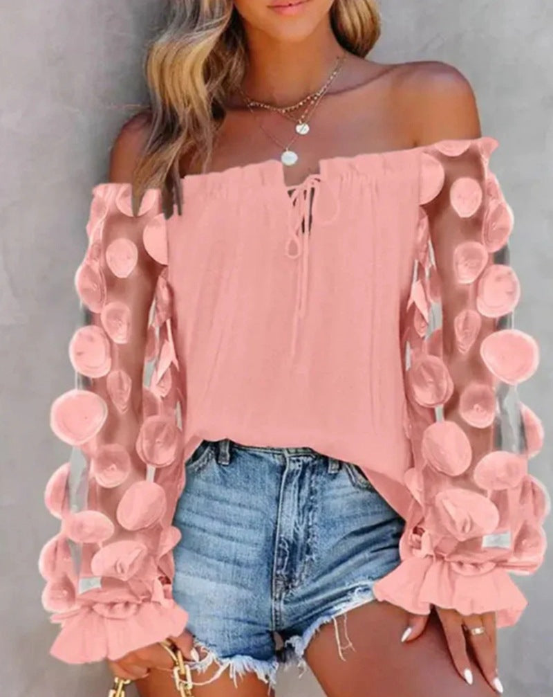 Damen nan schulterfreies Carmen-Top mit transparenten Organza-Ärmeln, kreisförmigen Applikationen und Volantmanschetten Drune