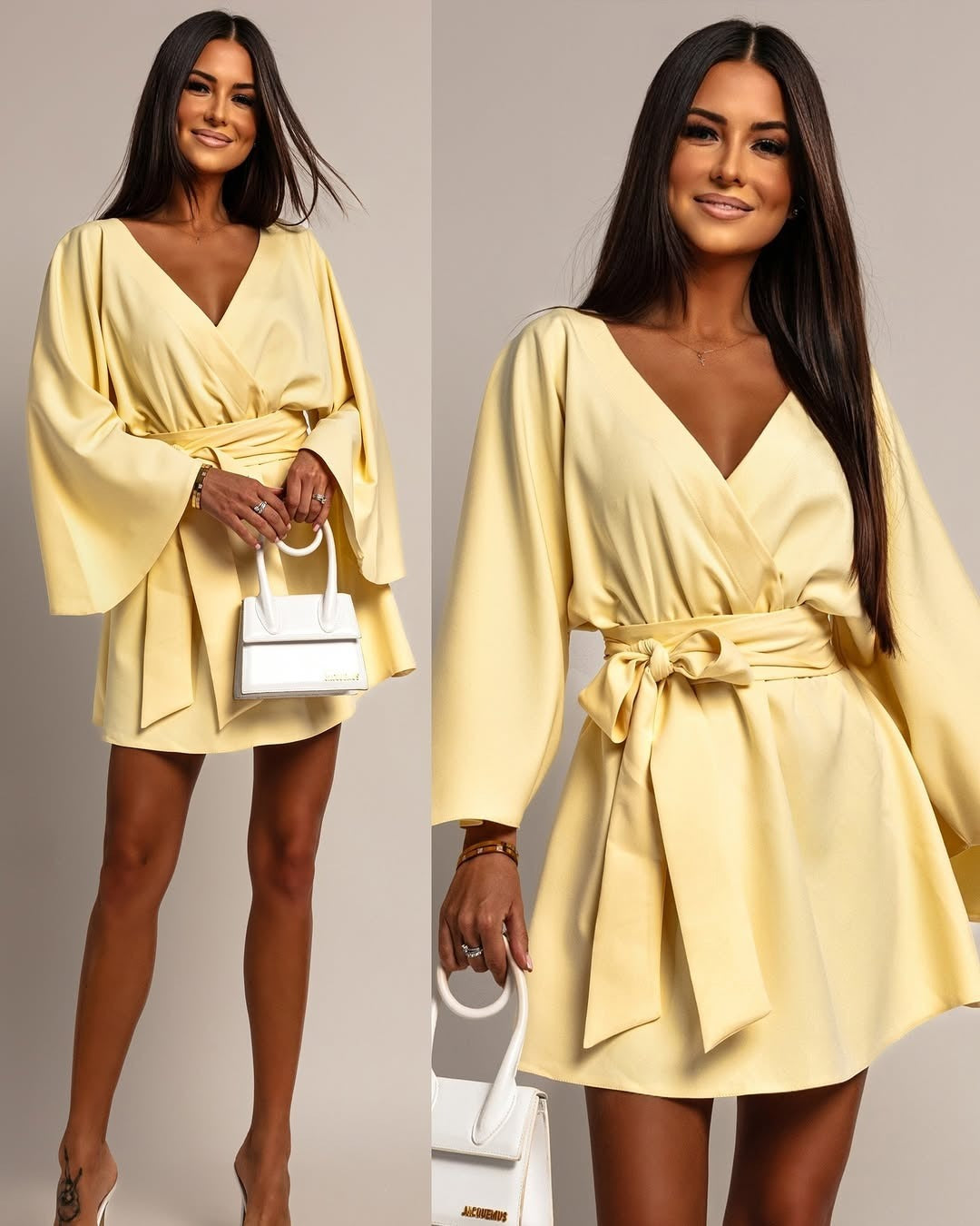 Damen Wickel-Minikleid mit Kimonoärmeln und Taillengürtel Drune