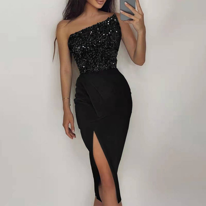Damen Abendkleid mit asymmetrischem Design und funkelnden Pailletten Drune