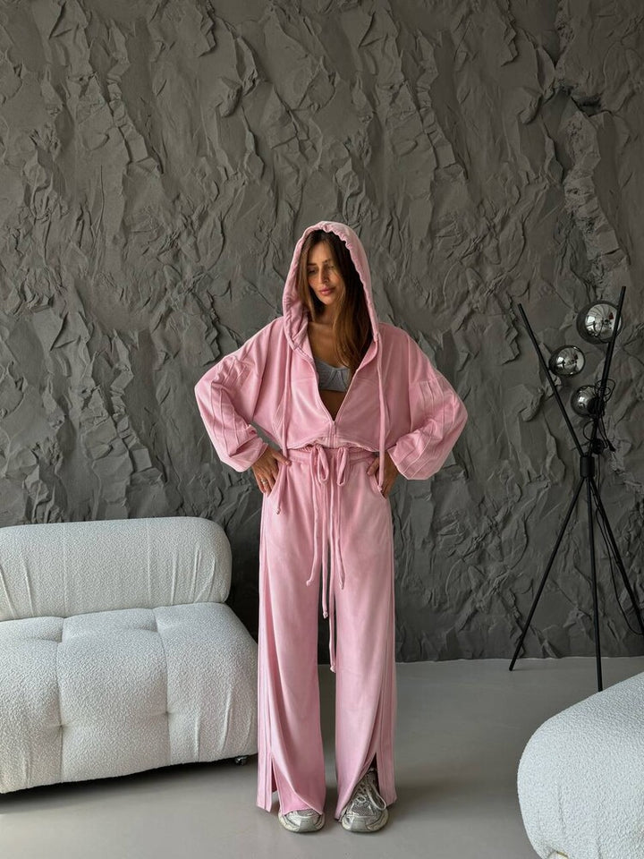 Damen Cropped Kapuzenjacke mit Kordelzug und weitem Split-Hose Lounge-Set Drune