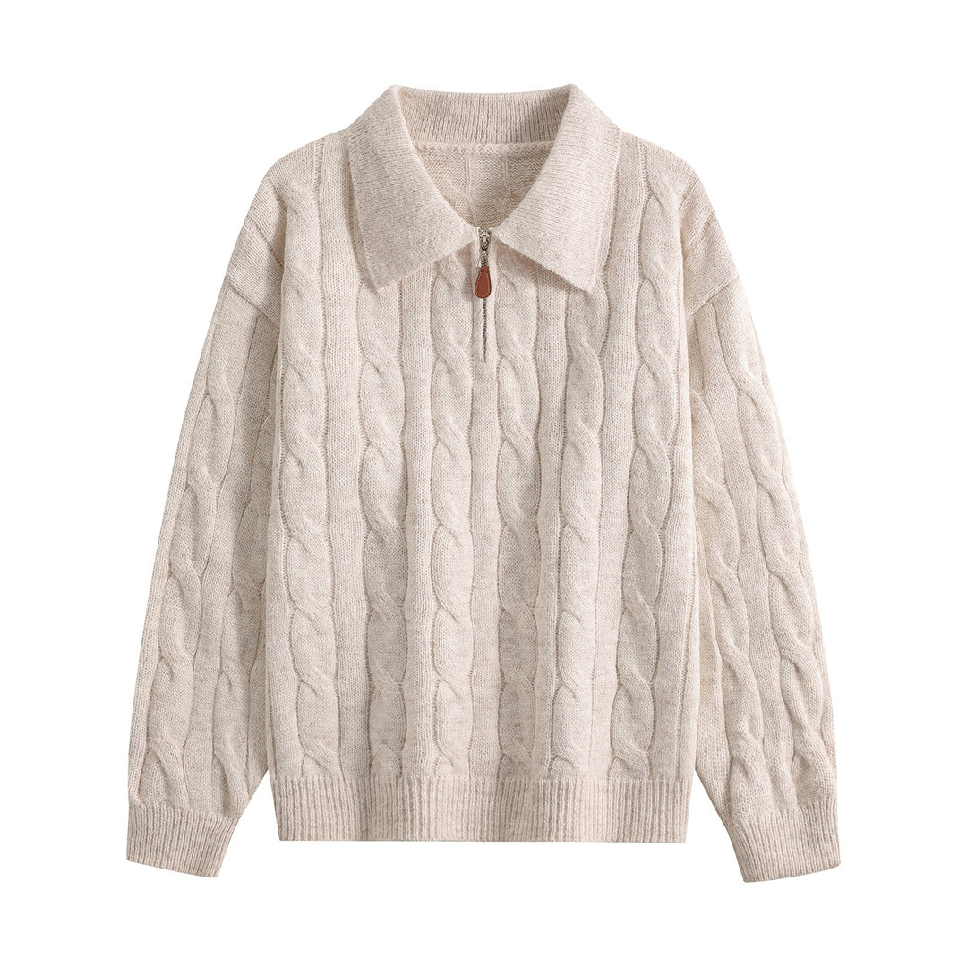 Damen Grobgestrickter Troyer-Pullover mit Halbreißverschluss & Oversize-Kragen Drune