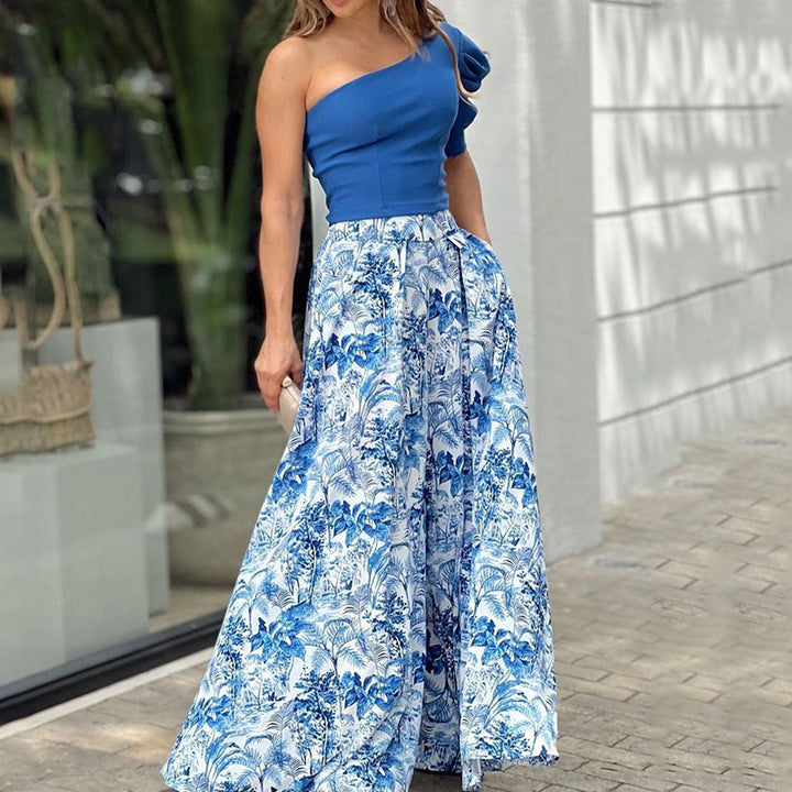 Damen Maxikleid mit asymmetrischem Oberteil und floralen Musterdetails Drune