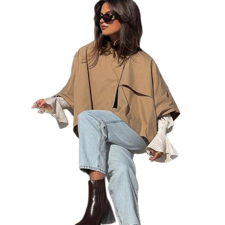 Damen modische capa-ähnliche Jacke mit schickem Knopfverschluss und voluminösen Ärmeln Drune