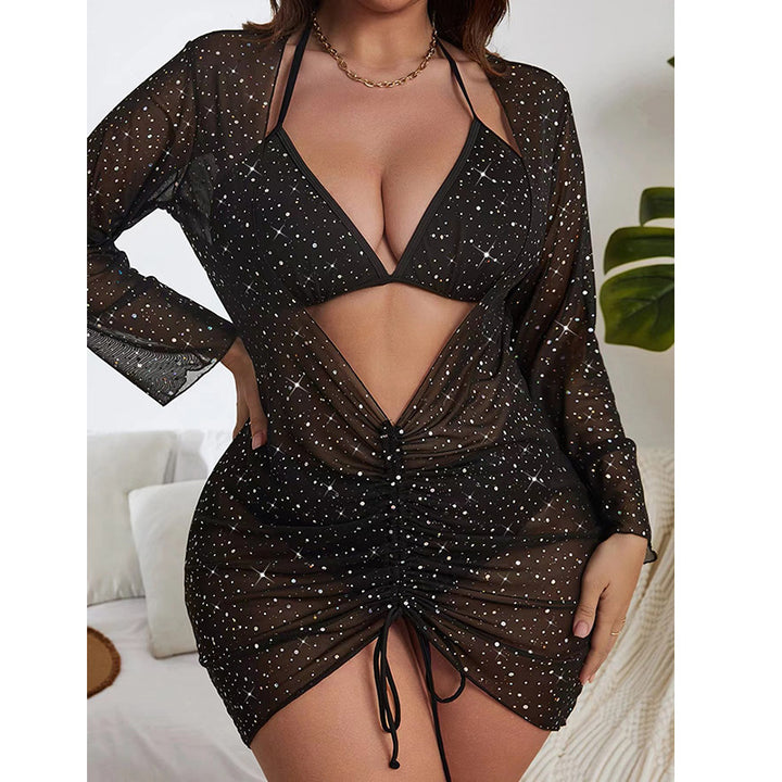 Damen transparentes Strandkleid mit Rüschen und funkelnden Akzenten Drune