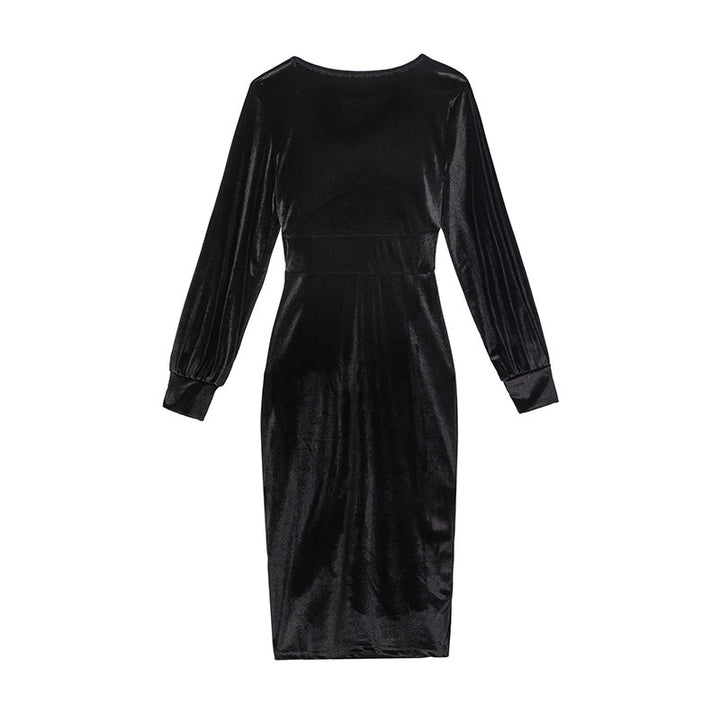 Damen Midikleid aus samtigem Stoff mit tiefem V-Ausschnitt und eleganten Puffärmeln Drune