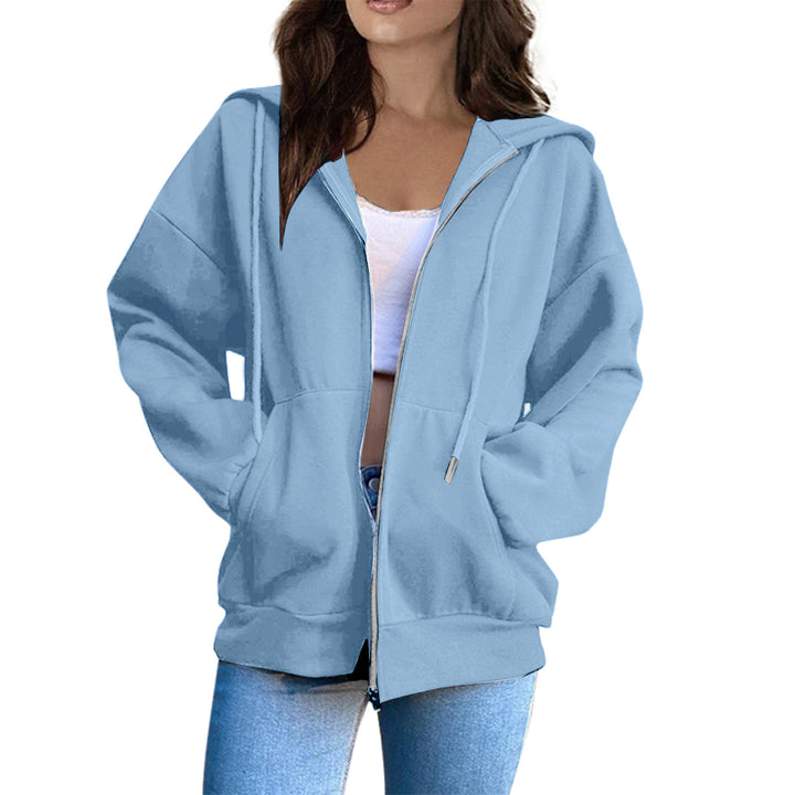 Damen nan lässige Kapuzenjacke mit durchgehendem Reißverschluss, Kängurutaschen und voluminösen Raglanärmeln Drune