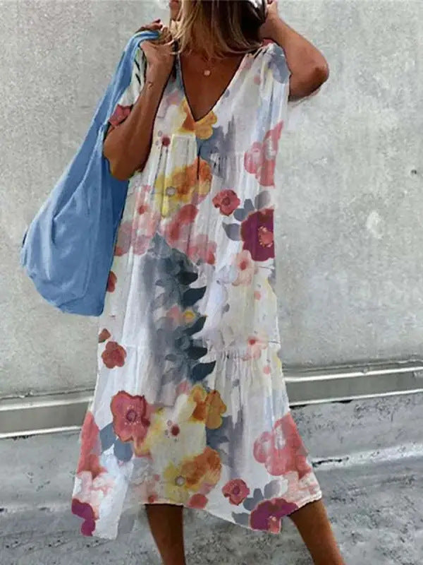 Damen Sommerkleid mit V-Ausschnitt und voluminösem Rock Drune