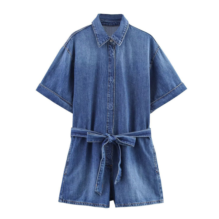 Damen Jeanshemdkleid mit elegantem Gürtel und kurzen Ärmeln Drune