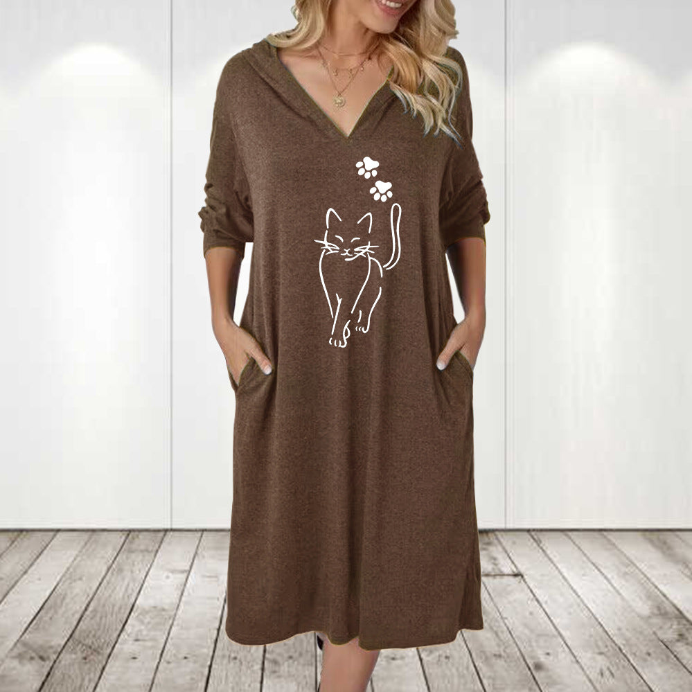 Damen Kapuzenkleid mit süßem Katzenmotiv und praktischen Taschen Drune