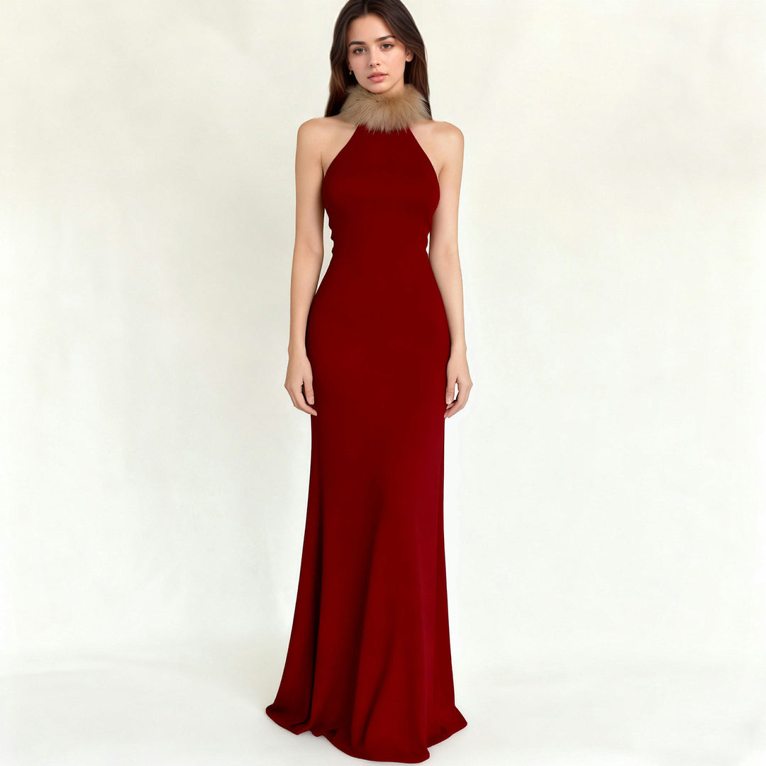 Damen elegantes langes Abendkleid mit raffiniertem Halter-Design und luxuriösem Kunstfellkragen Drune