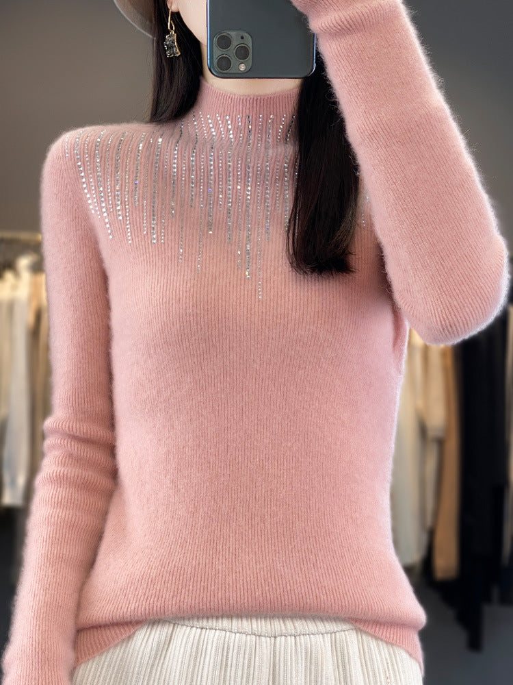 Damen Kaschmir‑Optik Mockneck-Pullover mit funkelnder Strasskaskade Drune