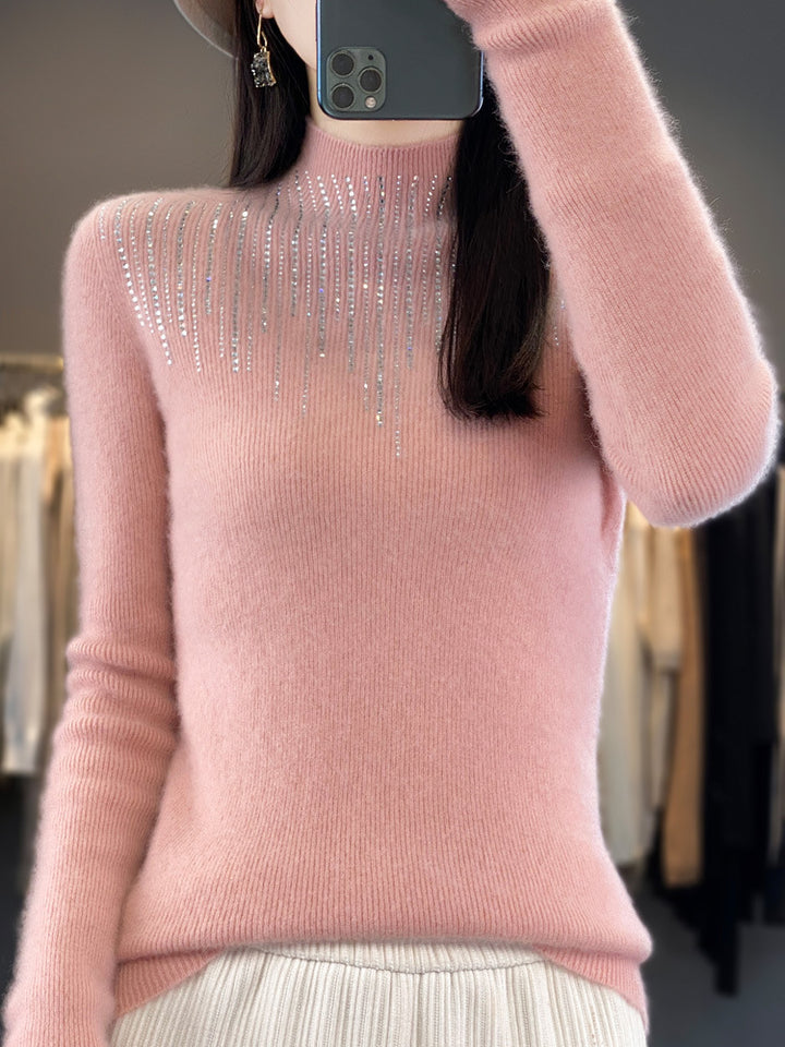 Damen Kaschmir‑Optik Mockneck-Pullover mit funkelnder Strasskaskade Drune