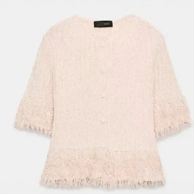 Damen Kurzarm Bouclé‑Cardigan mit Strukturstrick, Fransenbesatz und bezogenen Knöpfen Drune