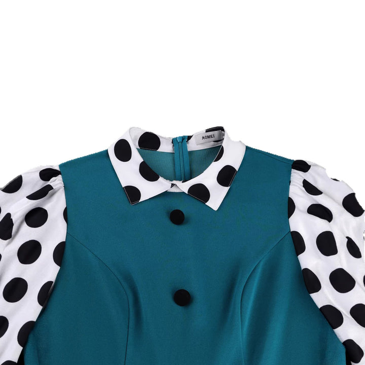 Damen figurbetontes Kleid mit Puffärmeln und Vintage-Kragen Drune