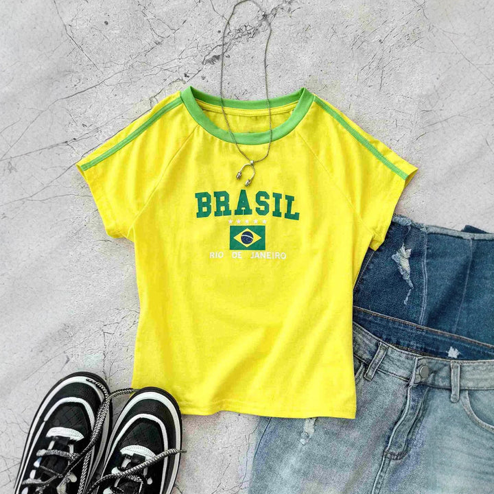 Damen T-Shirt mit kreativem Brasilien-Design und körperbetontem Schnitt Drune