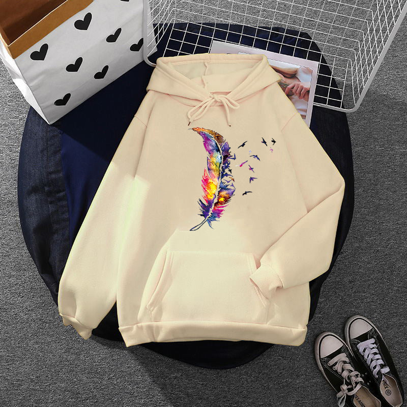 Damen nan Kapuzenpullover mit künstlerischem Aquarell‑Federmotiv, Oversize‑Schnitt und Kängurutasche Drune