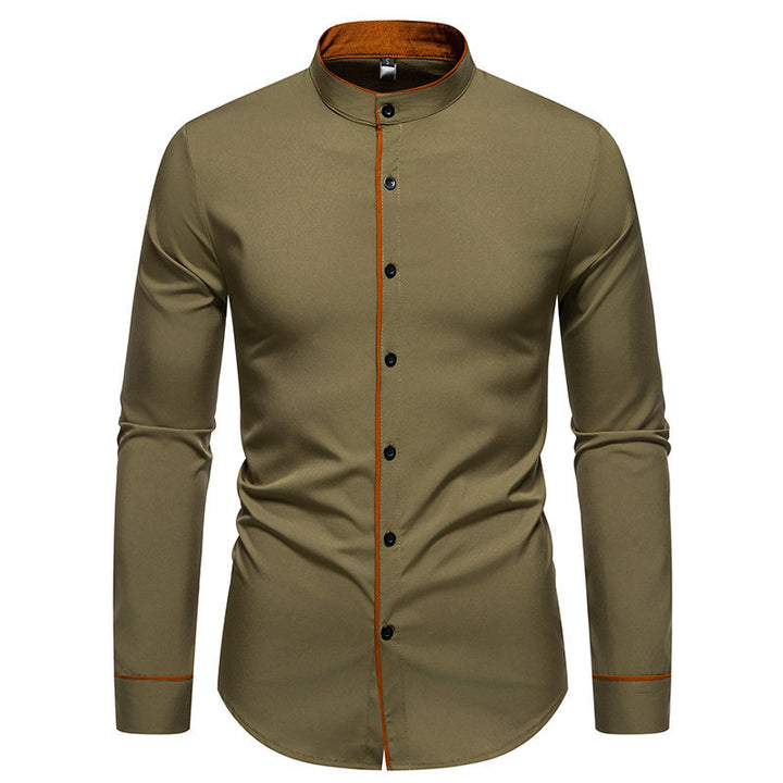 Herren Langarmhemd mit modernem Stehkragen und gesticktem Detail Drune
