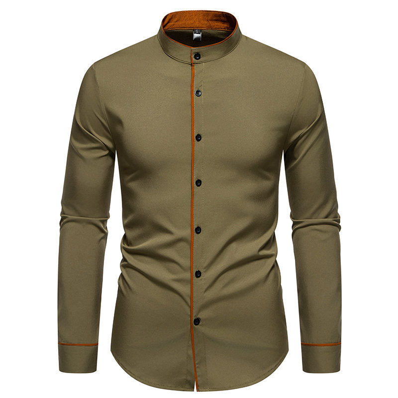 Herren Langarmhemd mit modernem Stehkragen und gesticktem Detail Drune