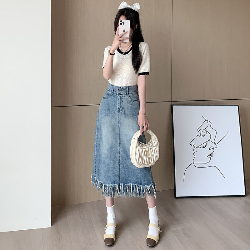Damen Denim-Midi-Rock mit fransigem Saum Drune