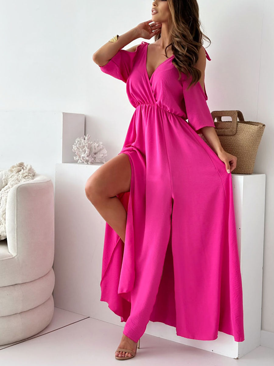 Damen Maxikleid mit schulterfreier Optik und elegantem V-Ausschnitt Drune